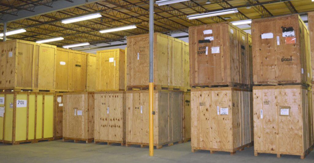 Wooden shipping crates in a warehouse