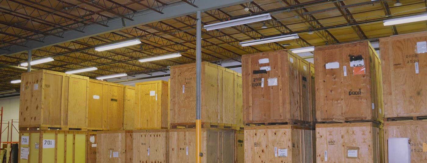 Wooden shipping crates in a warehouse